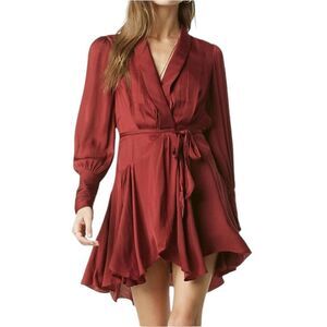 NWT Glenna Satin Wrap Tie Front V Neck Long Sleeve Flowy Mini Dress, Size S
